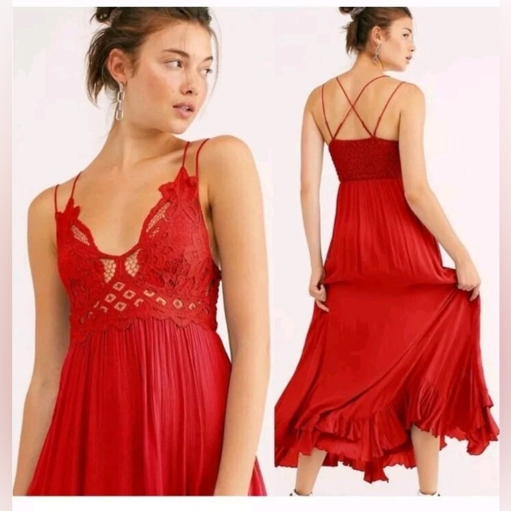 Free People Adella Lace Maxi Dress Red Romantic Boho Chic Crochet Strappy Small